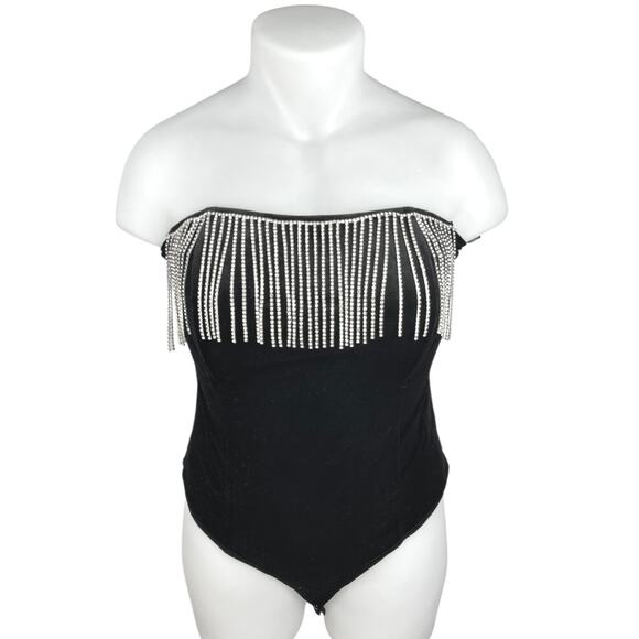 Forever 21 Black Velvet Velour Fringe Rhinestone Strapless Tube Bodysuit Top 1X - Picture 1 of 5